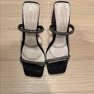SCHUTZ Black and Silver Heeled Sandals